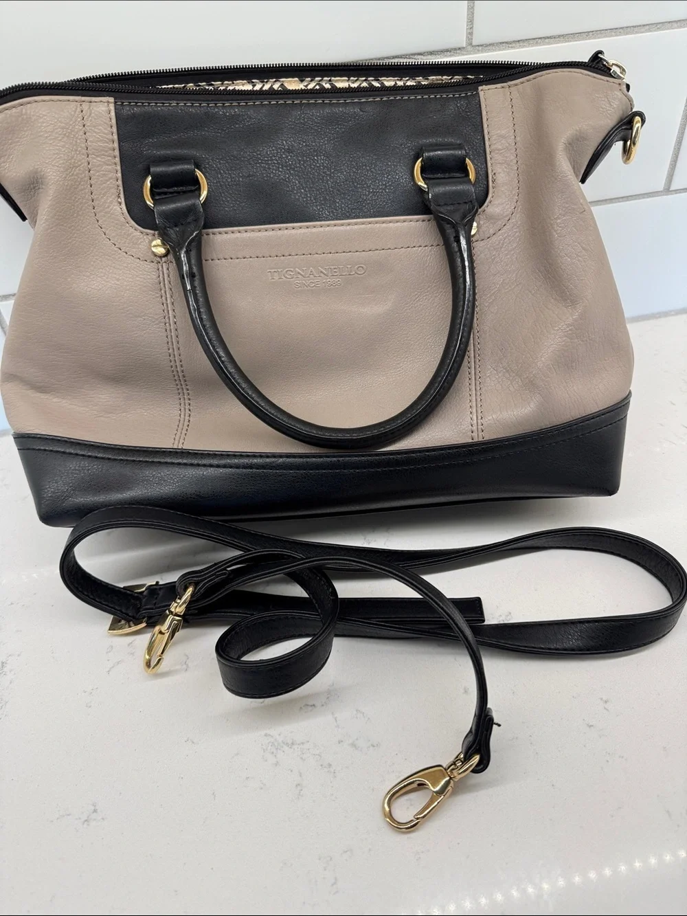 Tignanello Two-Tone Black & Taupe Leather Satchel removable crossbody strap